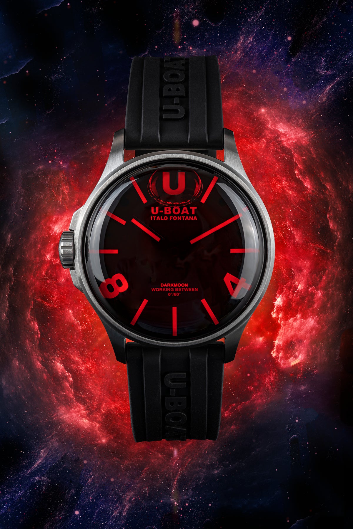 U-Boat Darkmoon 44mm Red Glass SS Rubber Strap Watch